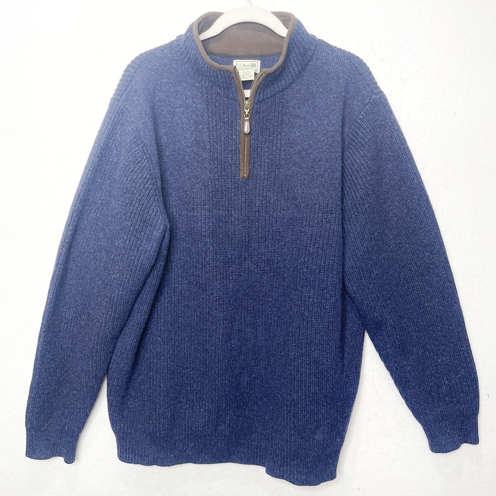 LL Bean Vintage Waterfowl 100% Merino Lambs Wool Blue Tight Knit Large Tall Warm